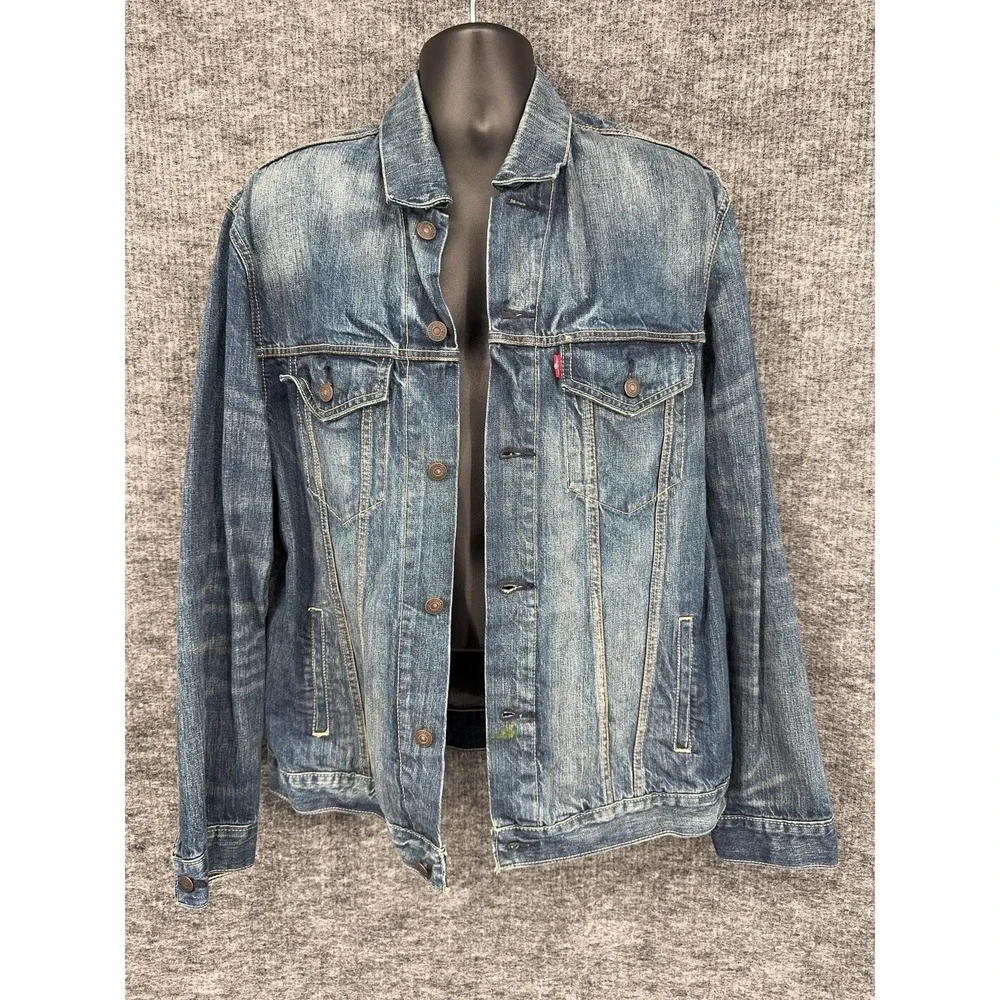 Levis Denim Jacket Mens XL Blue Button Front Faded Distressed Western Casual
